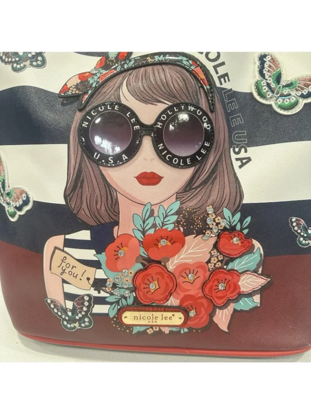 Nicole Lee Judith Loves Flower Hobo Bag Red White Blue Butterfly Floral Tote